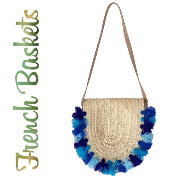 French Baskets Straw Purse Pom Pom Blue Latch Crossbody Beach Handmade New Tag - Picture 1 of 11